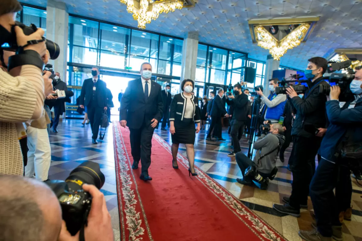 Prime Minister of Romania Nicolae-Ionel Ciuca (C-L) arrives with his Moldovan counterpart Natalia Gavrilita (C-R) at the Republican Palace for a joint meeting of Moldovan and Romanian governments in Chisinau, Moldova, 11 February 2022.