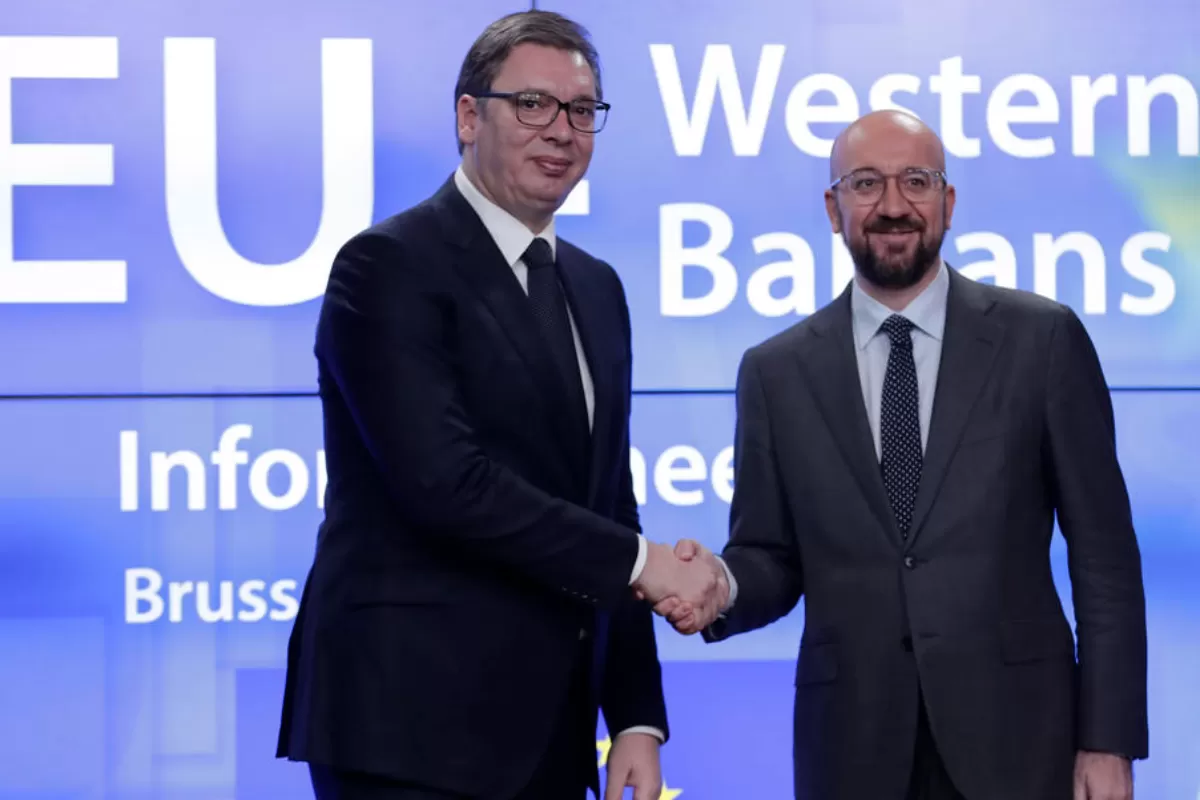 Serbian President Aleksandar Vucic (L) is welcomed by European Council President Charles Michel (R) ahead of an informal summit between the EU and the leaders of the Western Balkans nations (Albania, Bosnia and Herzegovina, Kosovo, Montenegro, North Macedonia and Serbia) at the EC headquarters in Brussels, Belgium, 16 February 2020.