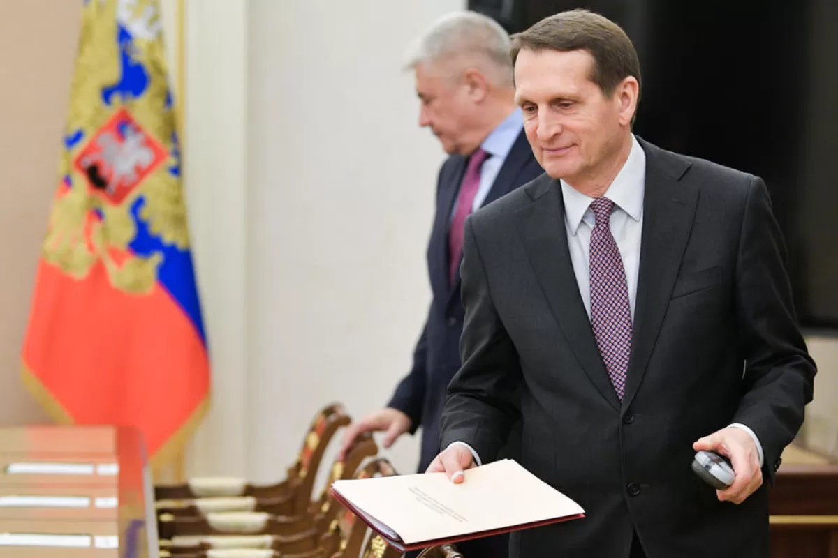 Russian Foreign Intelligence Service (SVR) Director Sergey Naryshkin (R) attends a Russian Security Council meeting in Moscow, Russia, 31 January 2020