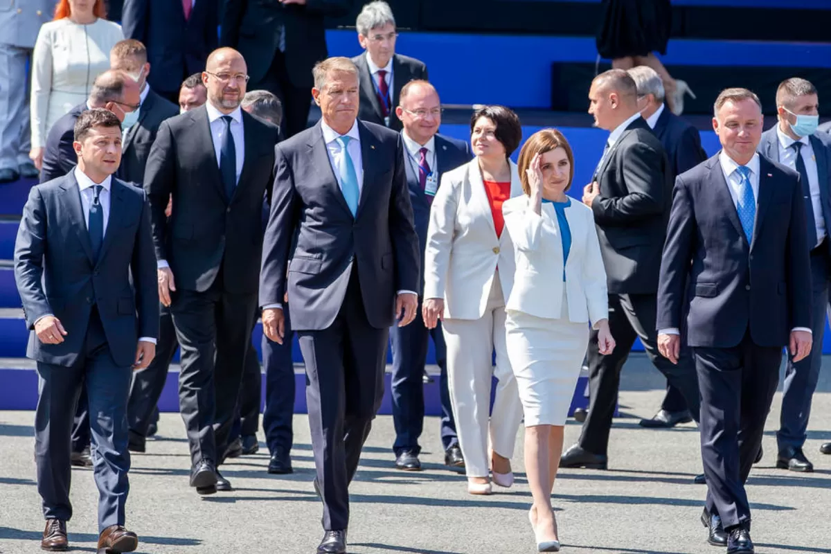 President of Ukraine Volodymyr Zelensky with President of Romania Klaus Iohannis, President of Moldova Maia Sandu and President of Poland in Chisinau walks together to their bilateral meetings at presidential palace in Chisinau, Moldova, 27 August 2021.