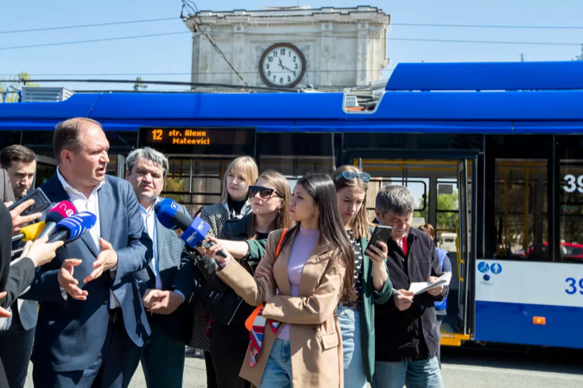 The Mayor of Chisinau Ion Ceban speaks to media during route launching event of new Belarusian AKSM-type trolleybuses in downtown Chisinau, Moldova, 05 May 2022. 
