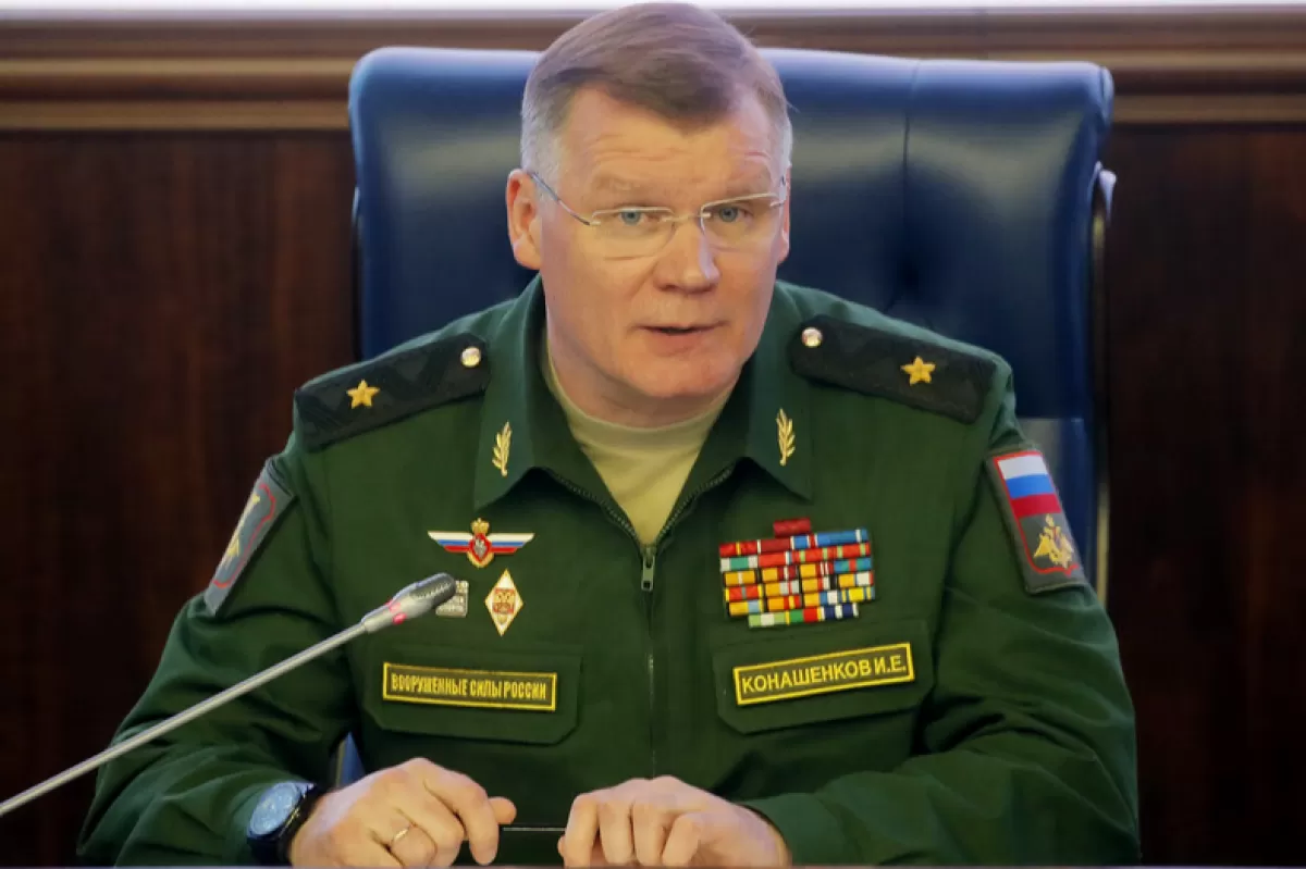 Russian Defense Ministry official representative general Igor Konashenkov, talks to the media during a briefing on the fight against terrorism in Syria at the Russian National Defense Management Center in Moscow, Russia, 04 May 2018.