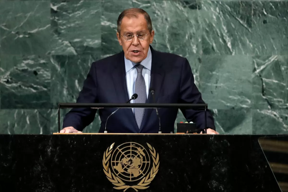 Ministrul rus de Externe Serghei Lavrov ține un discurs în Sala Adunării Generale de la sediul Națiunilor Unite din New York, SUA, 24 septembrie 2022.