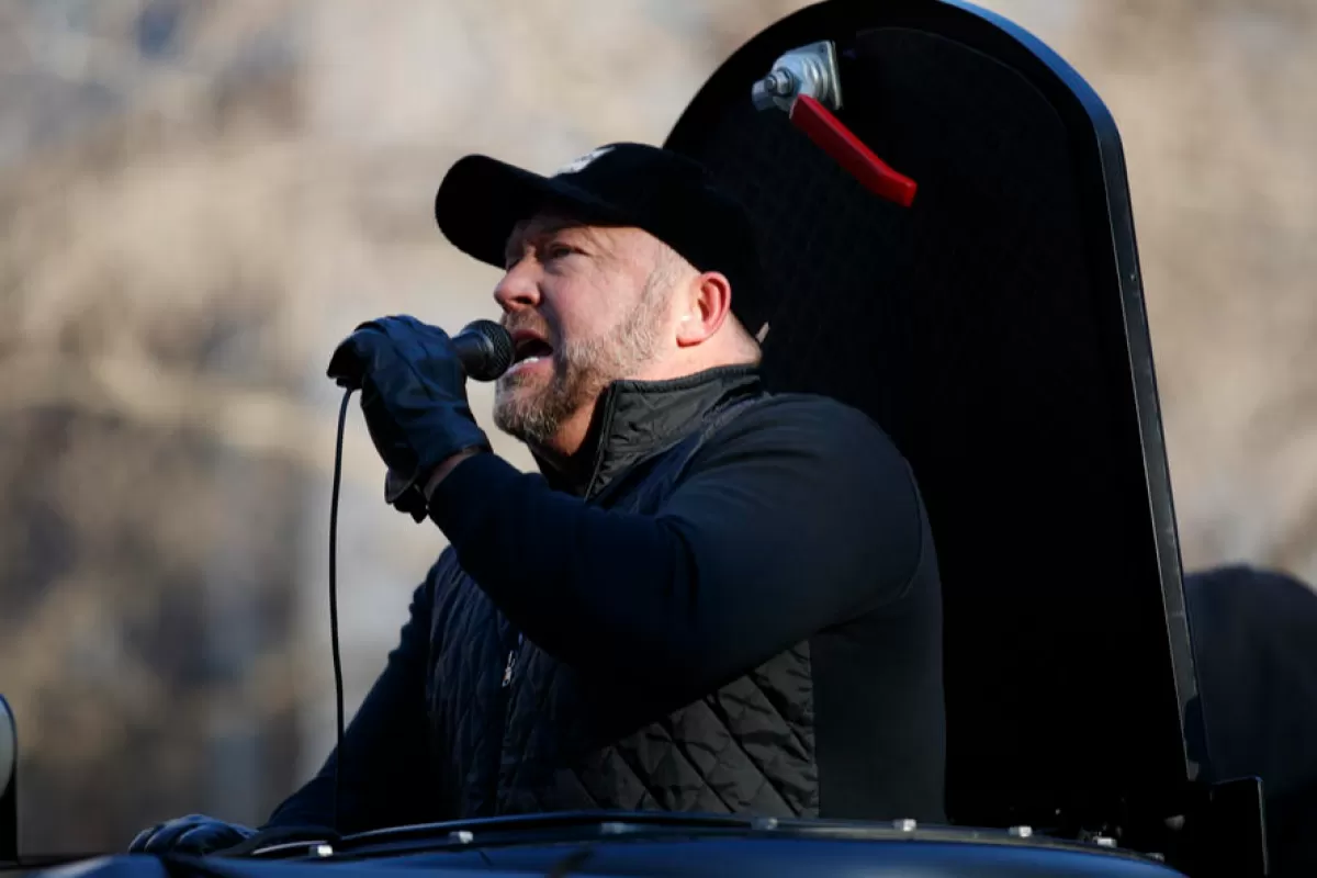 Right-wing media personality Alex Jones of InfoWars delivers remarks to gun-rights supporters gathered for a rally outside the Virginia state capitol in Richmond, Virginia, USA, 20 January 2020