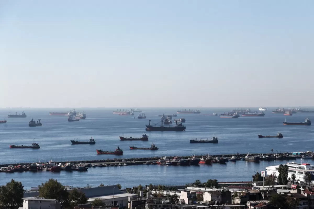 Cargo ships carrying Ukraine grain wait at the entrance of the Bosphorus in Istanbul