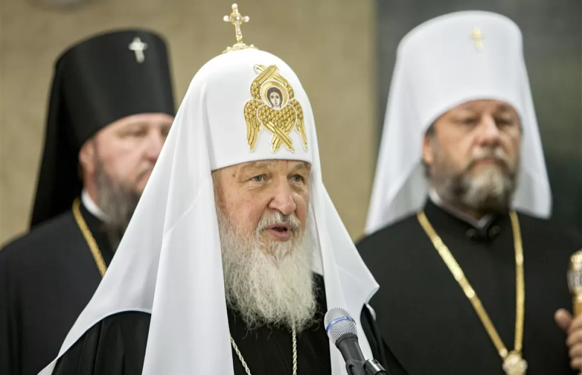 Patriarch Kirill (front), head of the Russian Orthodox Church, speaks to the media at the International Airport of Chisinau, on the first day of his visit to Chisinau, Moldova on 07 September 2013.