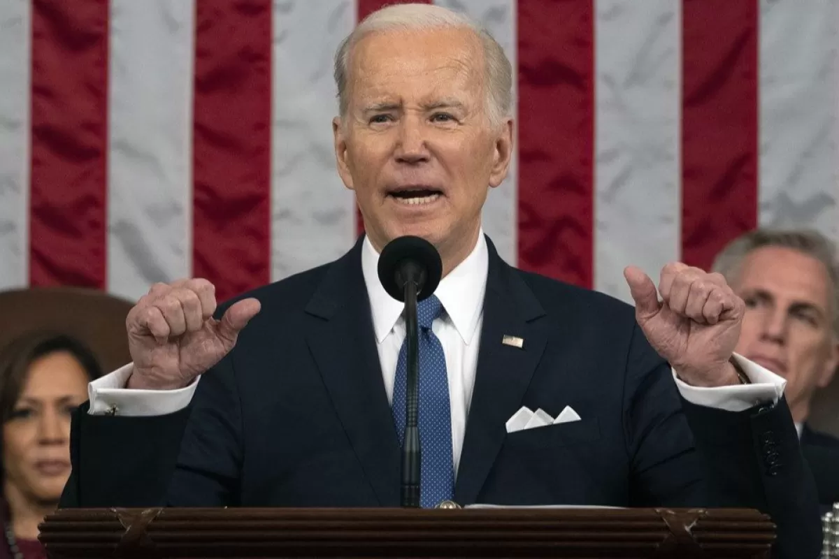 Președintele american Joe Biden rostește discursul privind starea Uniunii la o sesiune comună a Congresului la Capitoliu, Washington, DC, SUA, 7 februarie 2023.