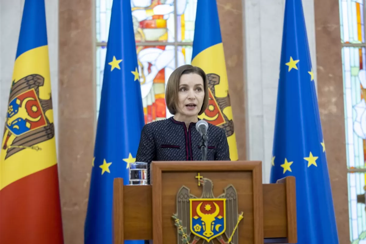Președintele Republicii Moldova, Maia Sandu, participă la un briefing de presă la Chișinău, Moldova, 10 februarie 2023.