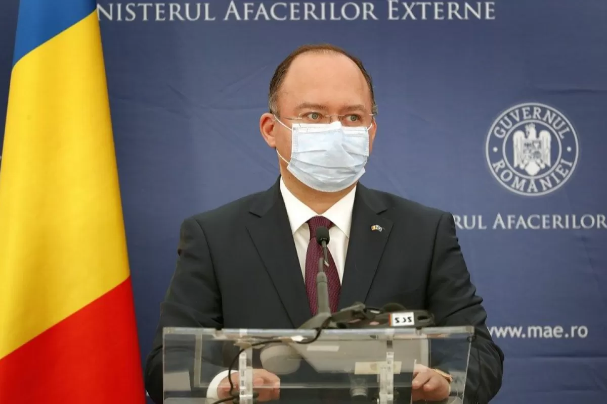 Ministrul român de externe Bogdan Aurescu ține un discurs  la sediul Ministerului de Externe, la București, România, 23 aprilie 2021.