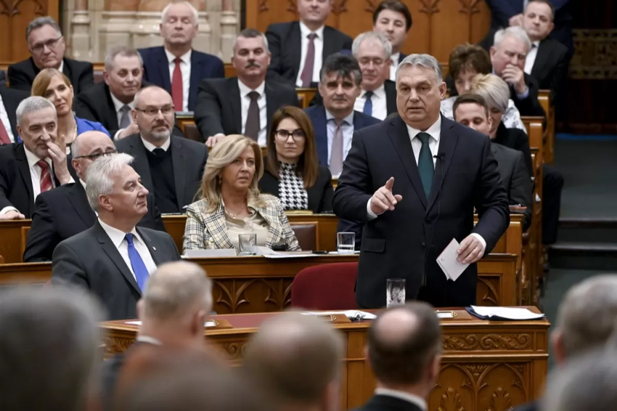 Hungarian Prime Minister Viktor Orban (R) speaks during the opening day of the parliament's spring session in Budapest, Hungary, 27 February 2023.