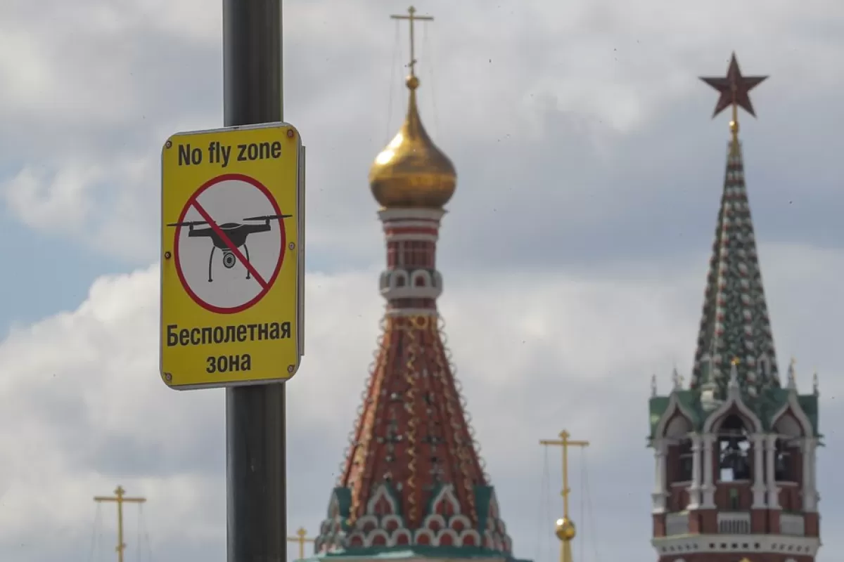 A 'No Drone Zone' sign is seen in front of the Moscow Kremlin on the Red square in Moscow, Russia, 04 May 2023.
