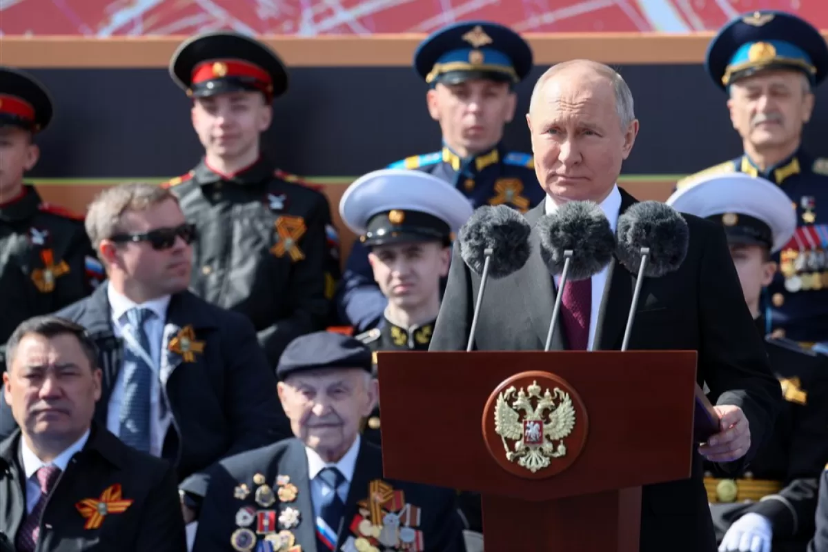 Russian President Vladimir Putin (C) delivers his speech during a Victory Day military parade on Red Square in Moscow, Russia, 09 May 2023.