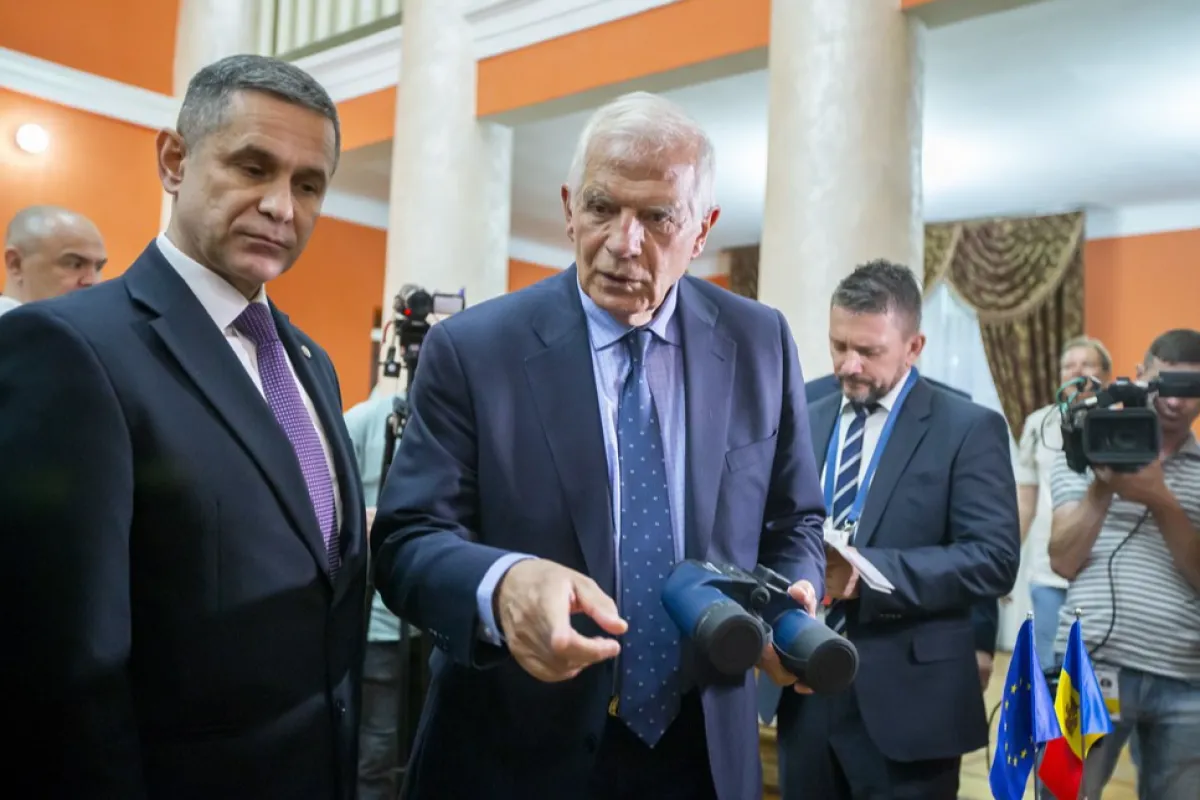 Josep Borrell, High Representative of the European Union for Foreign Affairs and Security Policy (R) with Minister of Defense of Moldova Anatolie Nosatii (L), during the ceremony of donating of the first batch of equipments delivered to the National Army through the European Instrument for Peace, at the Army Museum in Chisinau, Moldova, 31 May 2023.