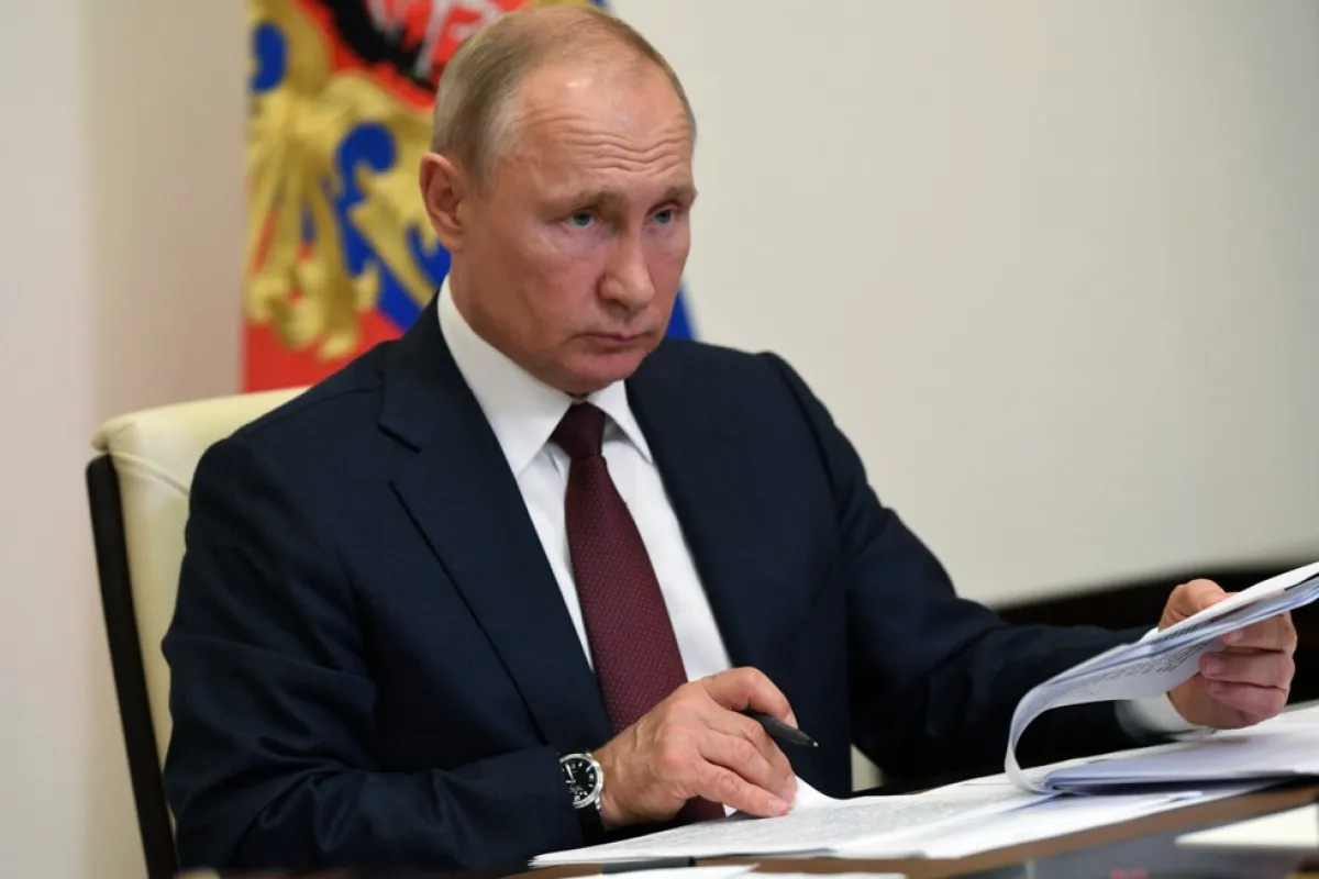 Russian President Vladimir Putin attends a meeting via a video conference with Bryansk region governor Alexander Bogomaz at the Novo-Ogaryovo residence outside Moscow, Russia, 26 May 2020.