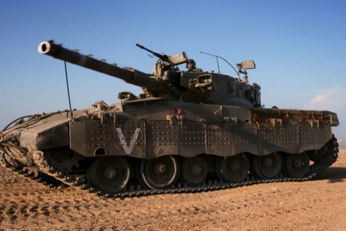 Israeli tank in Mefallsim staging area at Gaza Strip border