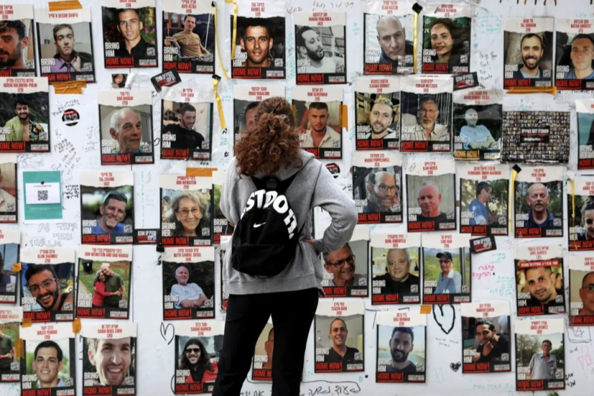 Hostages' pictures displayed at the Hostages Square in Tel Aviv